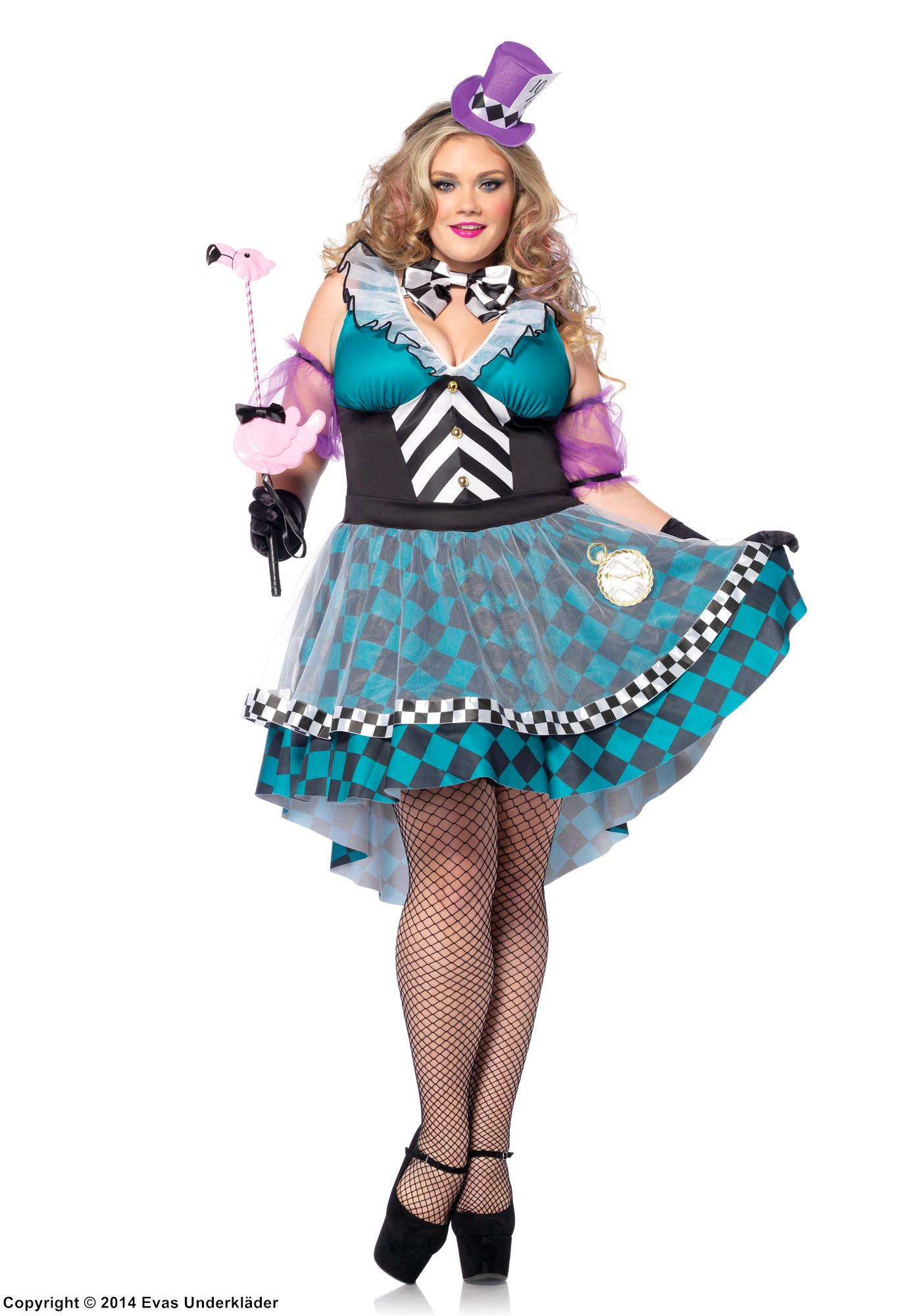 Female Mad Hatter, costume dress, ruffles, buttons, checkered pattern, XL to 4XL